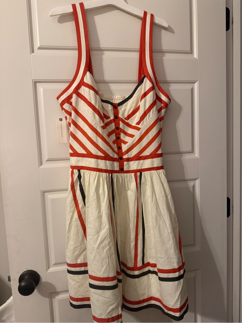 Anthropologie White Dress with Red & Black Stripes
